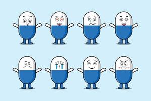 Establecer kawaii cápsula medicina expresiones de dibujos animados vector