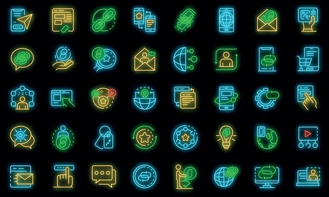 Backlink strategy icons set vector neon