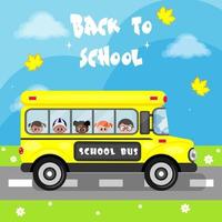 regreso a la escuela, autobús escolar con niños que van a la escuela, afiche, ilustración vectorial