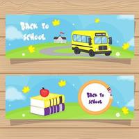 colección de pancartas de regreso a la escuela, el autobús escolar va a la escuela, libros con manzana, ilustración vectorial vector