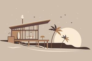 terraza de café costero, palmeras, playa y pájaros al atardecer. ilustración de viajes y vacaciones de verano. colores beige bandera, vector