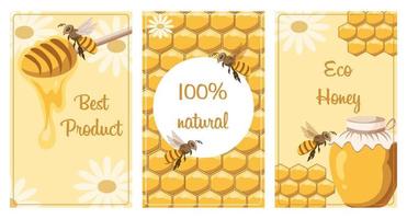juego de carteles de miel. carteles con abejas, panales, tarro de miel, cuchara, barril y margaritas. el concepto de bioproductos ecológicos. vector