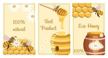 Honey poster set. Posters with bees, honeycombs, jar of honey, spoon, barrel and daisies. The concept of ecological bioproducts. Vector