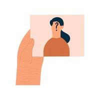 Dementia concept. The hand of an elderly person is holding a photograph with an unidentified face of a relative. Vector illustration in flat style