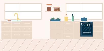 Modern kitchen interior design. Vector illustration in flat style