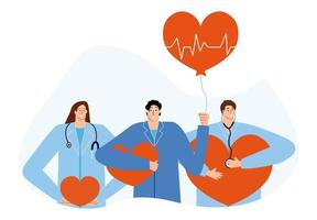 A team of cardiologists treat the heart and provide care. Ambulance online. Three happy doctors are doing cardio diagnostics. Concept for pediatric cardiology. Vector illustration in flat style