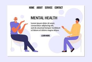 An elderly man at the reception of a psychologist. Medical banner, landing page. Web template design vector