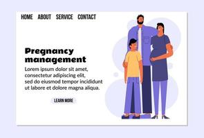 Future parents and their son are expecting another child. Landing page, design template. Vector illustration in flat style