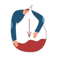 The person suffers from hypoglycemia. A man hugs a drop of blood with a low sugar reading. The concept of pre-diabetes or anemia. Vector illustration in a flat style.