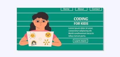 Landing page template with a child learning to code. Vector illustration, website, homepage