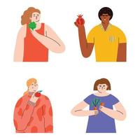 Set with different people who are holding fruits and vegetables in their hands. Women and men eating healthy and vegetarian food. Diet. Vector illustration in flat style with people