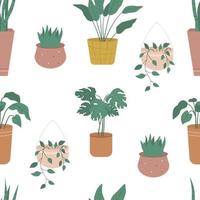 Seamless pattern with house plants in pots and planters. Pattern with home decor of potted plants. Vector Illustration