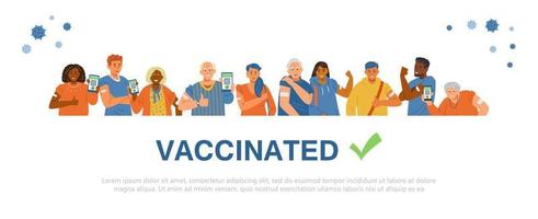 personas multirraciales vacunadas pancarta de vector plano. hombres y mujeres jóvenes y mayores mostrando las manos con parches después de recibir la vacuna, sosteniendo teléfonos inteligentes con certificados de vacunación.