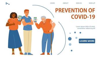 Vaccination against coronavirus vector landing page template. Multiracial people showing hands with patches and holding phones with vaccination certificate.