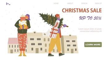 Christmas sale web page vector template. Happy woman holding gift boxes, man walking with christmas tree.