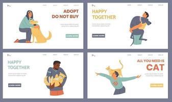 conjunto de vectores de plantillas de página de destino de adopción de mascotas. gente feliz abrazándose, jugando con perros y gatos.