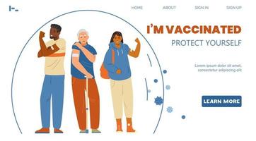 Vaccination  vector landing page template. Multiracial people showing hands with patches after vaccine shot.