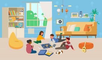 niños jugando al juego de mesa en el suelo en la ilustración vectorial de la habitación de los niños. interior de la habitación de los niños. vector