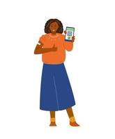 African american young woman vaccinated showing arm with patch and  phone screen with vaccination certificate flat vector illustration. Isolated.