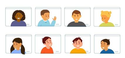 Online Education For Kids Concept Flat Vector Illustration. Different Ethnicicty Children's Portraits In Tablets Screens Collection.