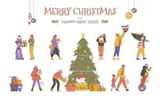 Vector collection of people and robots with Christmas gifts. Christmas tree with present boxes.