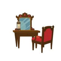 Ancient wooden dressing table with chair. Retro furniture in arabian style. Cartoon vector illustration. Isolated on white.