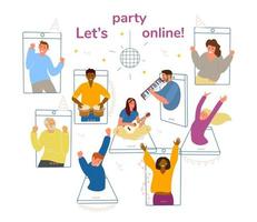 Online Party During Quarantine Concept Vector Illustration. Happy Different Races And Ages People In Smartphones Dancing, Playing Music, Singing.