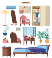 conjunto de vector plano de elementos interiores de dormitorio. muebles y complementos de madera.