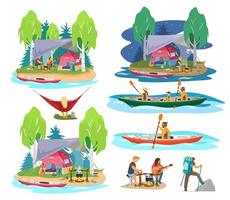 escenas de campamento de verano en estilo de dibujos animados planos. kayak familiar, pareja cerca del fuego del campamento cocinando sopa y tocando la guitarra, hombre caminando, mujer descansando en una hamaca. campamento nocturno. vector