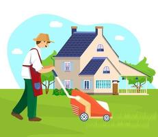 Vector illustration of gardener mowing lawn with beautiful summer residence at the background.