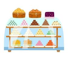 Vector illustration of sweets shop showcase in flat cartoon style. Asian sweets in pyramids and glass containers inside glass showcase. Wicker baskets with pies and cakes.