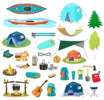 Big vector set of hiking equipment in flat catroon style. Camping elements. Tents, kayaks, backpacks, camp fire, hammock, rope, boots, sleeping bag, axe, chair hiking sticks etc