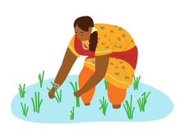 Indian woman farmer working on rice field. Hand drawn vector illustration. Authentic traditional agriculture.