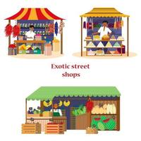 conjunto vectorial de tiendas callejeras exóticas con vendedores en estilo de dibujos animados planos. tiendas de especias, dulces y comestibles verdes.