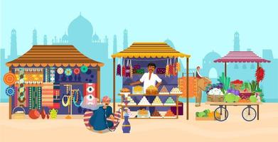 ilustración vectorial del mercado asiático con diferentes tiendas y personas. jinete de elefantes, silueta de taj mahal, tienda de souvenirs, tienda de dulces, cerámica, alfombras, telas, verduras, hombre fumando narguile. vector