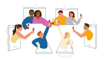 fiesta en línea durante la ilustración vectorial del concepto de cuarentena. gente feliz de diferentes etnias tintineando copas de vino de teléfonos inteligentes y tabletas. vector
