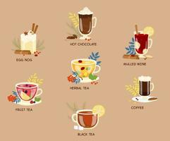 Set Of Winter Beverages In Glass Cups. Eggnog, Hot Chocolate, Mulled Wine, Coffee, Herbal Tea, Black Tea, Fruit Tea. Cartoon Vector Illustration.