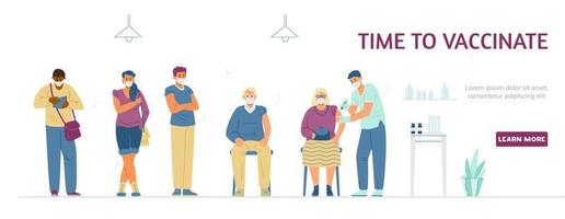 Vaccination  flat vector banner. Senior and young men and women in face masks getting shot or waiting in line in vaccination center.