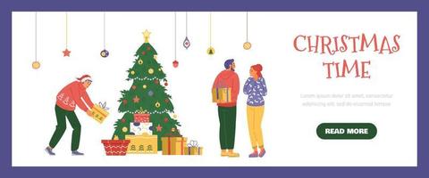 Christmas sale horizontal vector banner. People near Christmas tree with gift boxes.