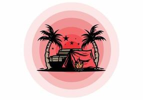 Camping tent in front of car between coconut tree illustration vector