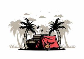 Camping tent in front of car between coconut tree illustration vector