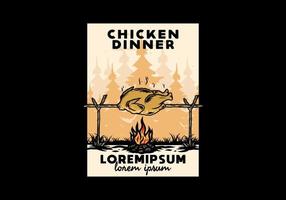 Grilling chicken over bonfire illustration design vector