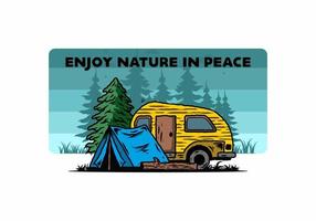 Teardrop camper and tent in front of pine tree illustration vector