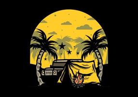 Camping tent in front of car between coconut tree illustration vector