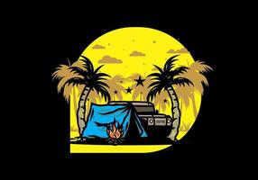 Camping tent in front of car between coconut tree illustration vector