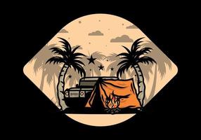 Camping tent in front of car between coconut tree illustration vector