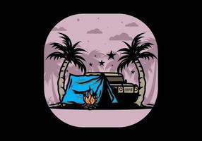 Camping tent in front of car between coconut tree illustration vector