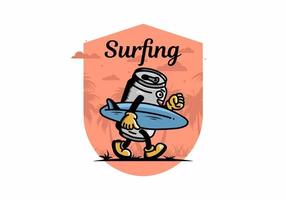 illustration of a drink can holding a surfboard vector