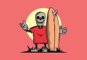 Little skull holding a surfing board illustration design vector