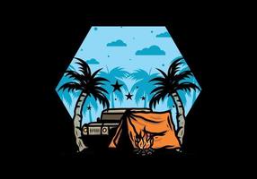 Camping tent in front of car between coconut tree illustration vector